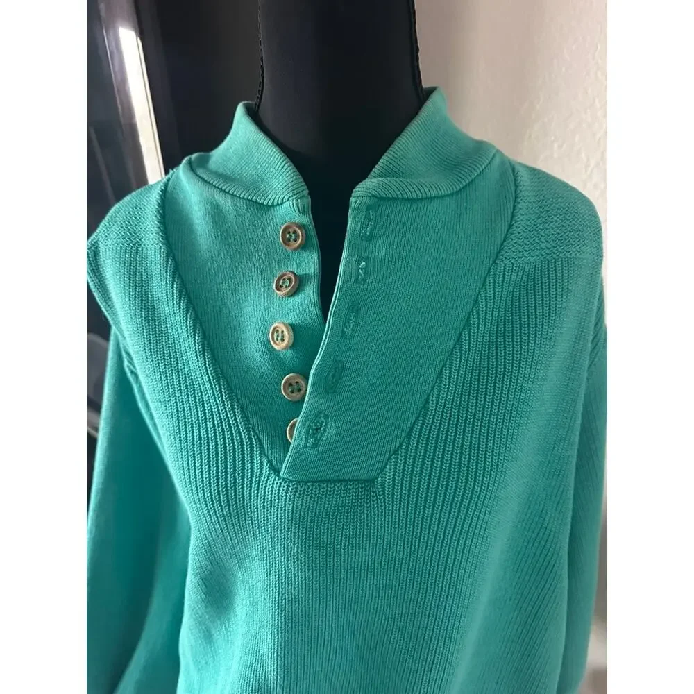Vintage 80s Lands End Made in USA Cotton Henley Sweater Emerald Green XL Long